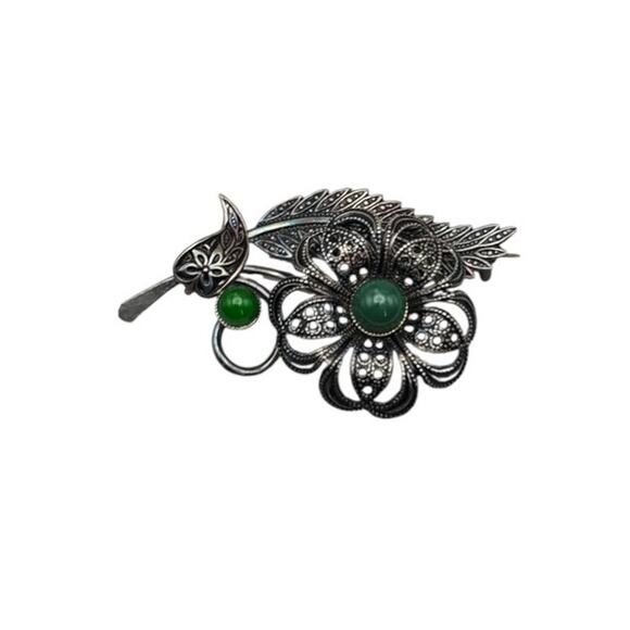 Green Cabochon Floral Vintage Filigree Spanish Brooch - Picture 8 of 9